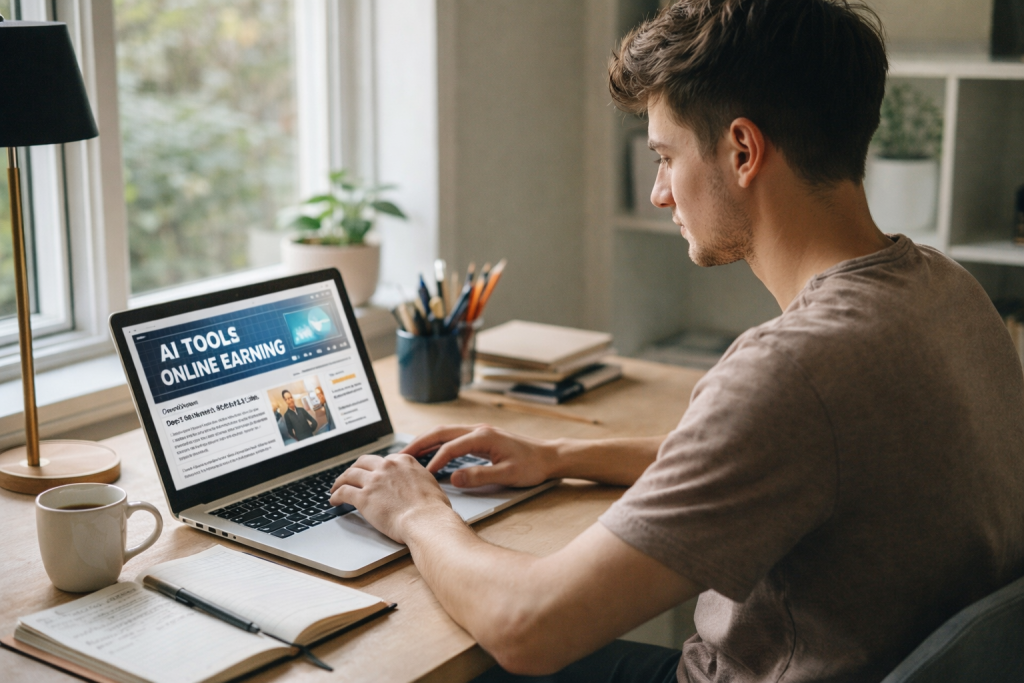 Beginner learning AI skills on laptop to start online earning