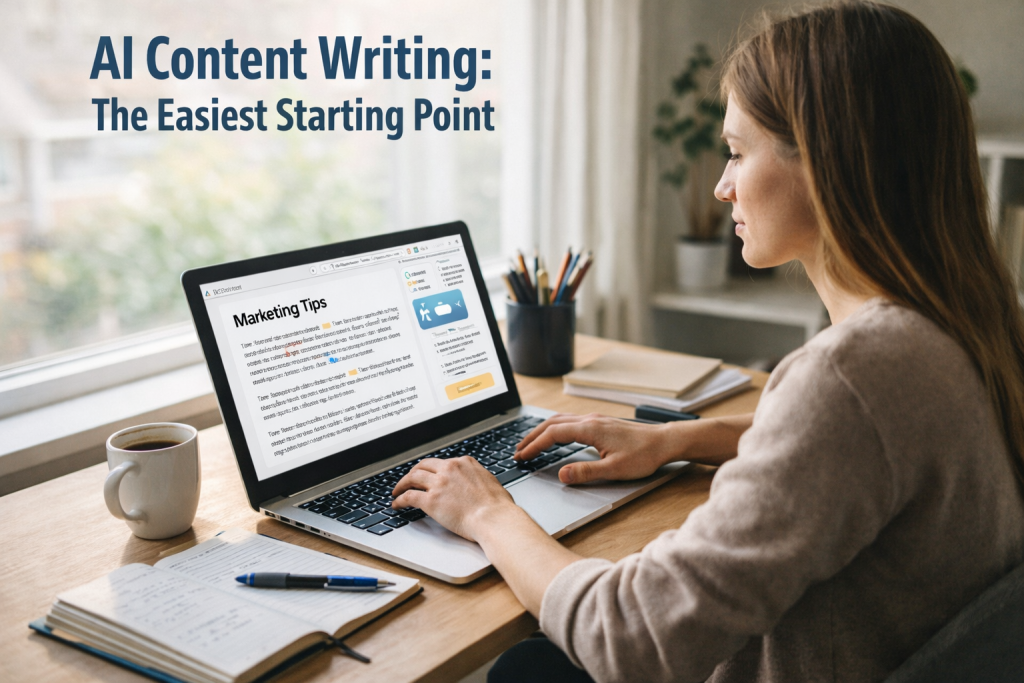 Beginner writing content on laptop using AI writing tools at home