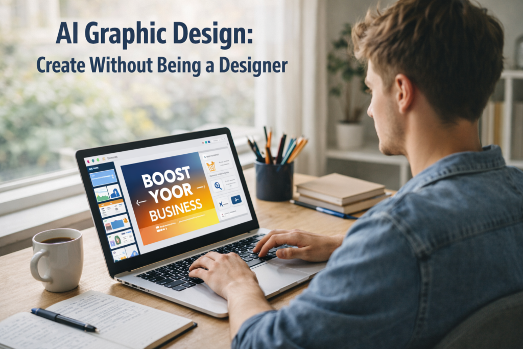Beginner creating graphic designs on laptop using AI graphic design tools at home
